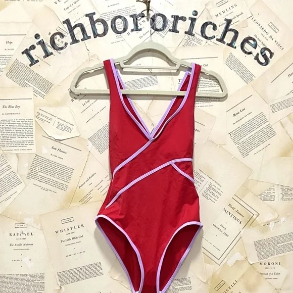 Free People Follow Suit Evie One Piece Bathing Suit Swimsuit Red Lav Trim - Picture 2 of 3